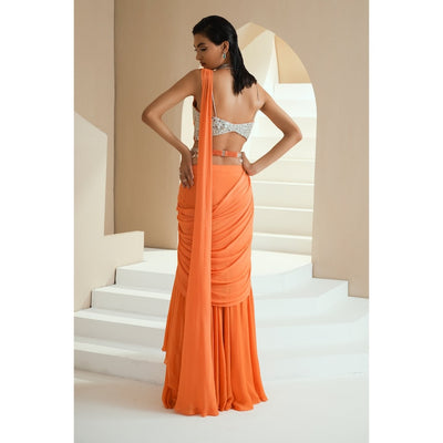 Orange Ruffles Saree With Belt And Embellished Blouse, Designer Indian Sarees, Indian Wedding Reception Cocktail Party Wear Saree  - INSPIRED