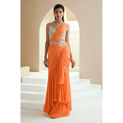 Orange Ruffles Saree With Belt And Embellished Blouse, Designer Indian Sarees, Indian Wedding Reception Cocktail Party Wear Saree  - INSPIRED