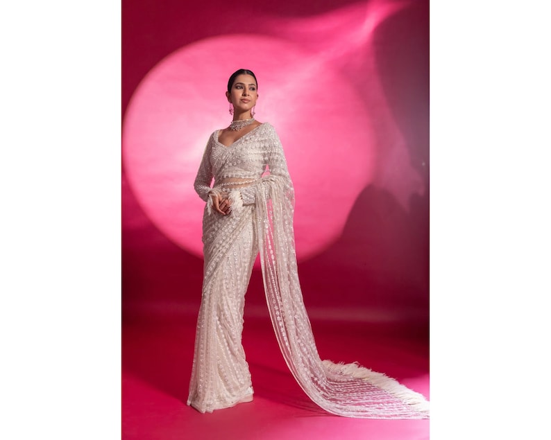 Glamorous Ivory Sequins Saree For Women, Indian Ethic Wear, Wedding Reception Cocktail Party Wear Saree, Bollywood Sarees  - INSPIRED