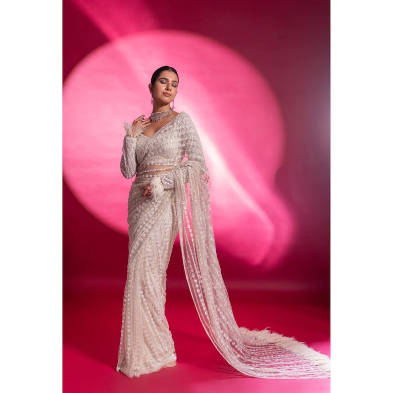 Glamorous Ivory Sequins Saree For Women, Indian Ethic Wear, Wedding Reception Cocktail Party Wear Saree, Bollywood Sarees  - INSPIRED