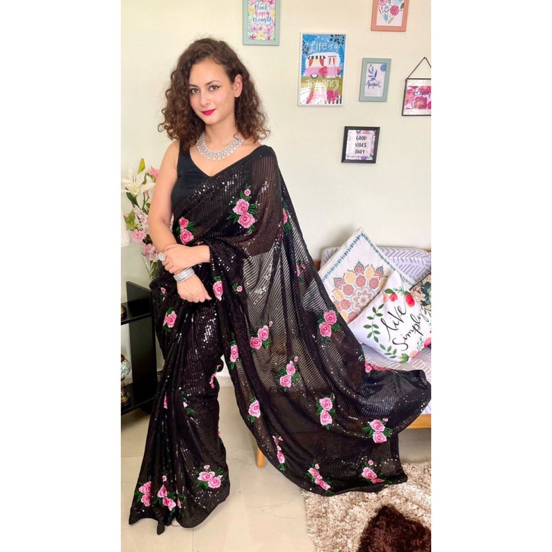 Black Floral Sequins Saree For Women, Designer Party Wear Saree, Trendy Indian Saree, Indian Ethnic Wear, Ready To Wear Sarees  - INSPIRED