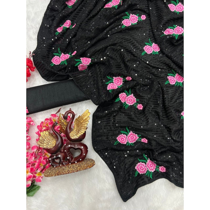 Black Floral Sequins Saree For Women, Designer Party Wear Saree, Trendy Indian Saree, Indian Ethnic Wear, Ready To Wear Sarees  - INSPIRED