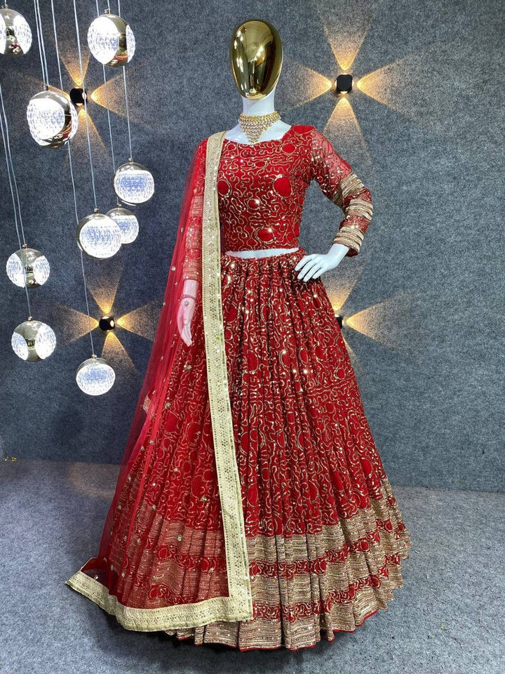 High quality embroidery work on red lehenga choli for Indian women