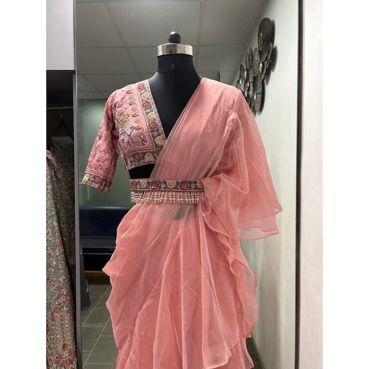 Peach Ruffles Indian Saree With Belt And Designer Embroidered Blouse, Perfect for Indian Wedding and Bridesmaids Party Wear