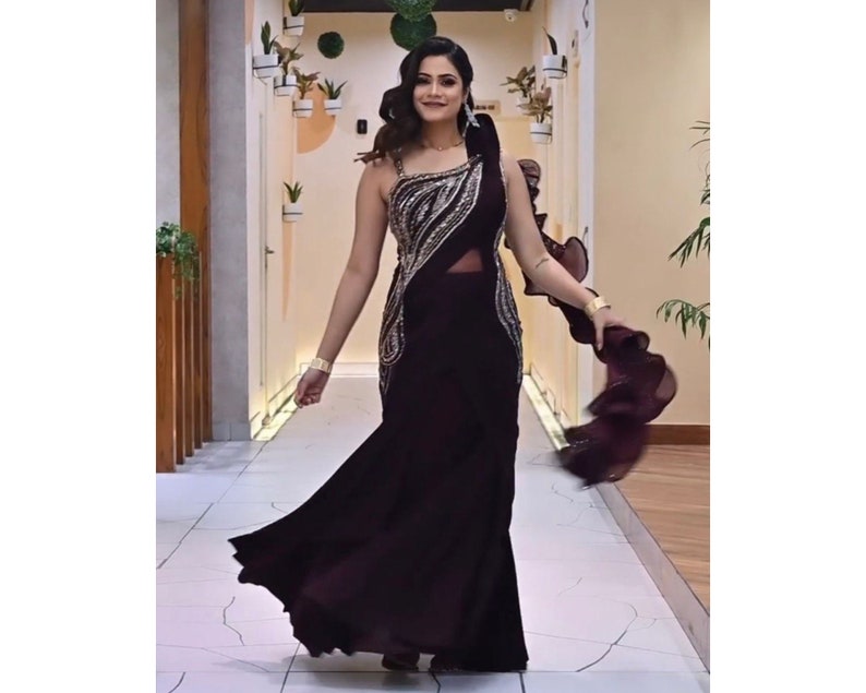Gorgeous Ruffles Indian Saree With Embroidery Work, Ready To Wear Saree, Wedding Reception Cocktail Party Wear Saree  - INSPIRED