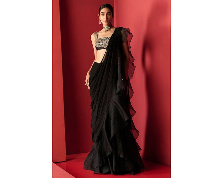 Black Ruffles Indian Saree with Designer Embroidered Blouse, Stylish Sari, Wedding Reception Party Wear, Elegant Ethnic Indian Attire  - INSPIRED