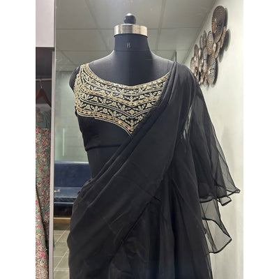 Black Ruffles Indian Saree with Designer Embroidered Blouse, Stylish Sari, Wedding Reception Party Wear, Elegant Ethnic Indian Attire  - INSPIRED
