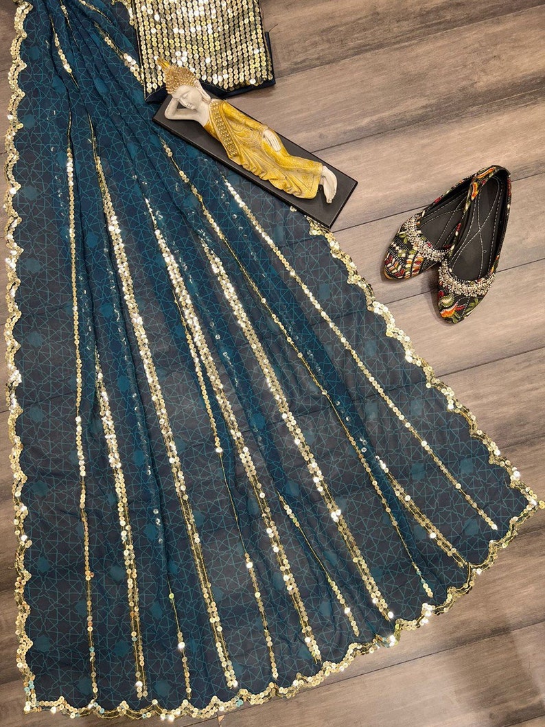 Teal Blue Saree For Women With Embroidery Sequins Work, Designer Saree, Bollywood Saree, Indian Wedding Wear, Party Wear Saree  - INSPIRED