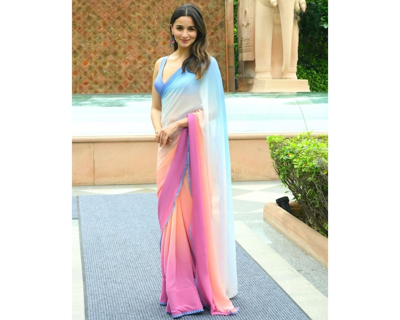 Alia Bhatt Inspired Multicolor Georgette Saree, Bollywood Saree, Alia Bhatt Ombre Saree, Ready To Wear Saree, Viral Saree  - INSPIRED