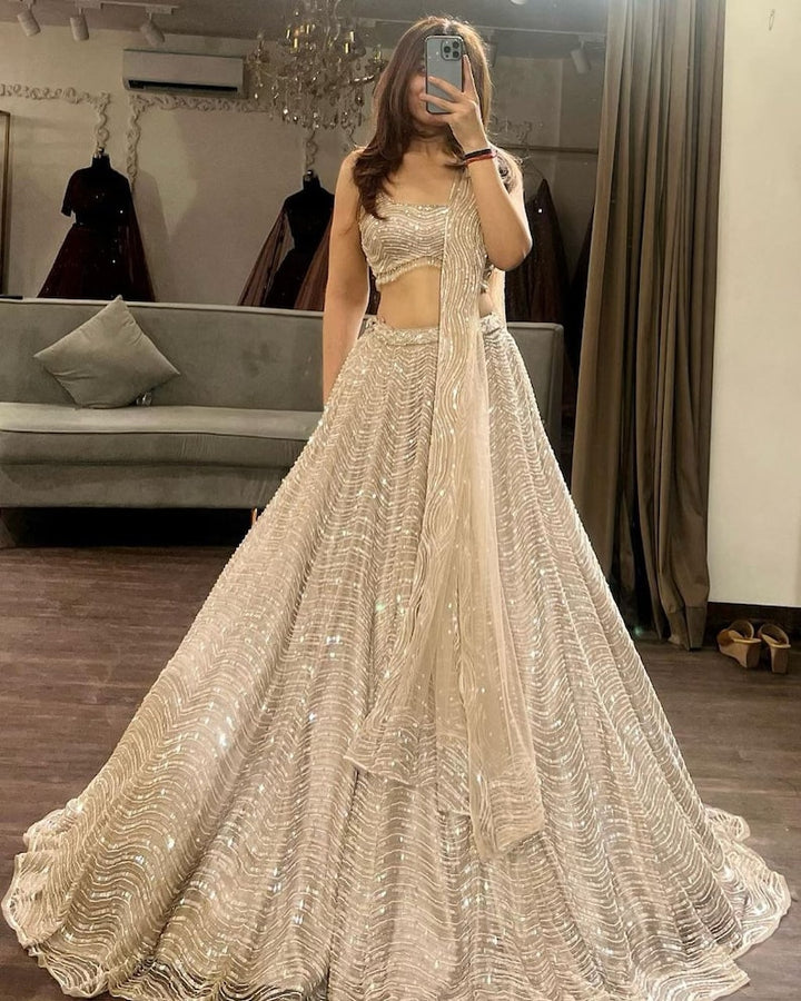 Sabyasachi Designer Beige-Cream Lehenga Choli with Beautiful Coding and Sequins Work Wedding Lehenga Choli Party Wear Lehenga