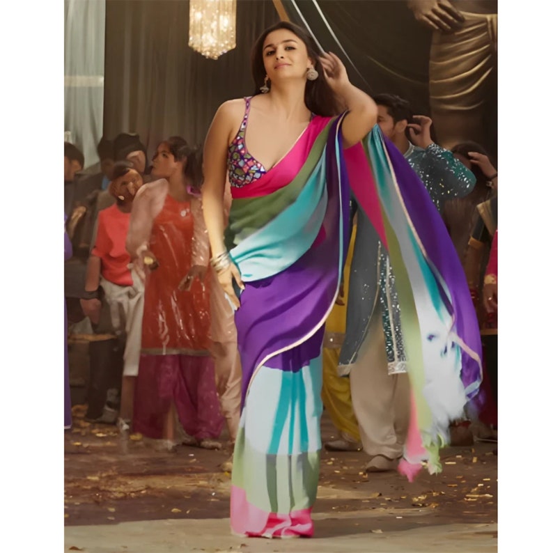 Alia Bhatt Inspired Multicolor Georgette Saree, Jhumka Gira Re Saree, Alia Bhatt Viral Saree, Bollywood Ready To Wear Saree  - INSPIRED
