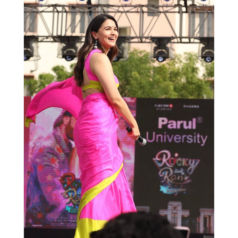 Alia Bhatt Inspired Pink Satin Saree, Alia Bhatt Viral Saree, Bollywood Saree, Ready To Wear Stitched Saree, One Minute Saree  - INSPIRED