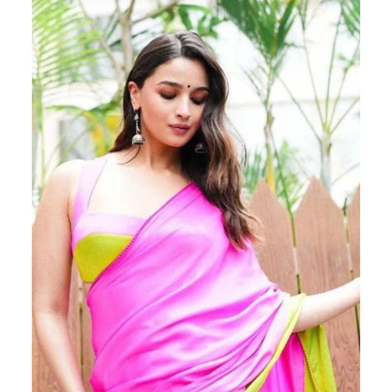 Alia Bhatt Inspired Pink Satin Saree, Alia Bhatt Viral Saree, Bollywood Saree, Ready To Wear Stitched Saree, One Minute Saree  - INSPIRED