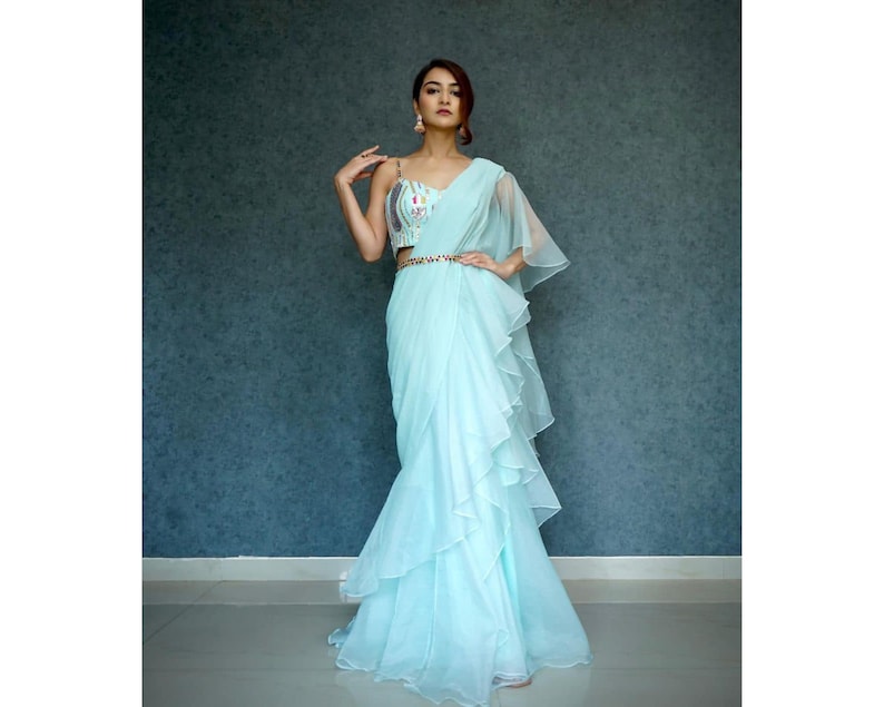 Beautiful light blue designer ruffles saree with belt for women, perfect for Indian wedding and mehendi reception party wear