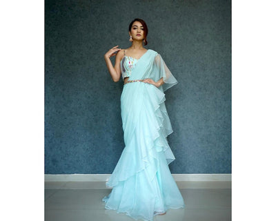 Light Blue Designer Ruffles Saree With Belt For Women, Ready To Wear Skirt Style Saree, Indian Wedding Mehendi Reception Party Wear Saree  - INSPIRED