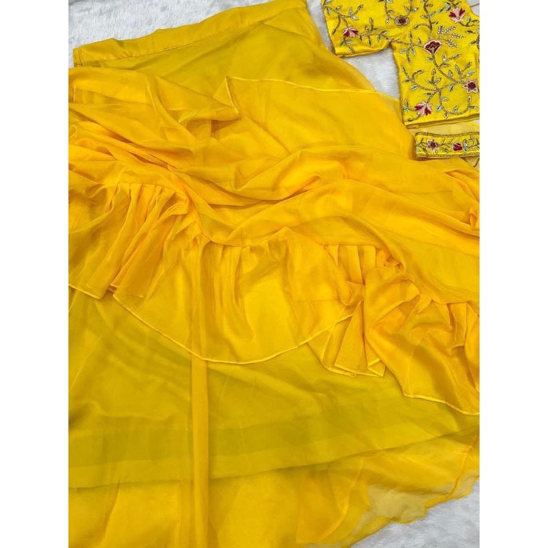 Yellow Ruffles Saree With Belt For Women, Ready To Wear Skirt Style Saree, Indian Wedding Mehendi Reception Party Wear Saree  - INSPIRED