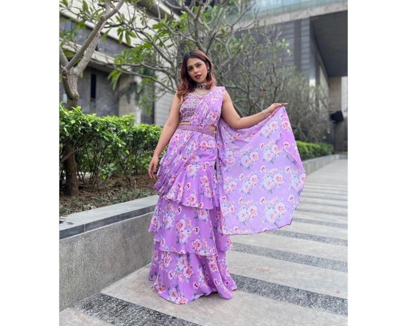 Lavender Floral Ruffles Saree With Belt For Women, Ready To Wear Skirt Style Saree, Indian Wedding Mehendi Reception Party Wear Saree  - INSPIRED