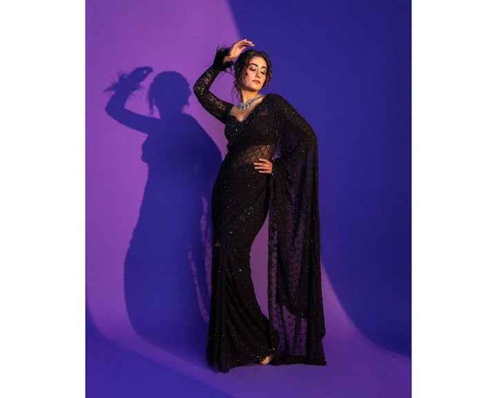 Beautiful Black Net Saree with Intricate Sequins Work for Women