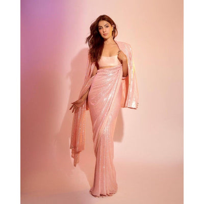 Pink Georgette Sequins Saree For Women, Indian Wedding Wear, Reception Cocktail Party Wear Saree, Ready To Wear Pre Stitched Saree  - INSPIRED