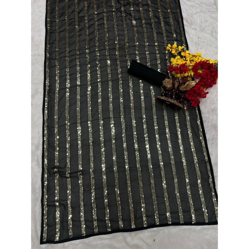 Black Sequins Indian Saree For Women, Indian Wedding Reception Cocktail Party Wear Saree, Ready To Wear Pre Stitched Saree  - INSPIRED