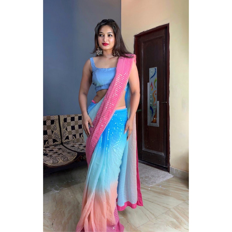 Alia Bhatt Inspired Viral Saree In Sequins Work, Bollywood Saree, Alia Bhatt Ombre Saree, Ready To Wear Saree, Pre Pleated  - INSPIRED