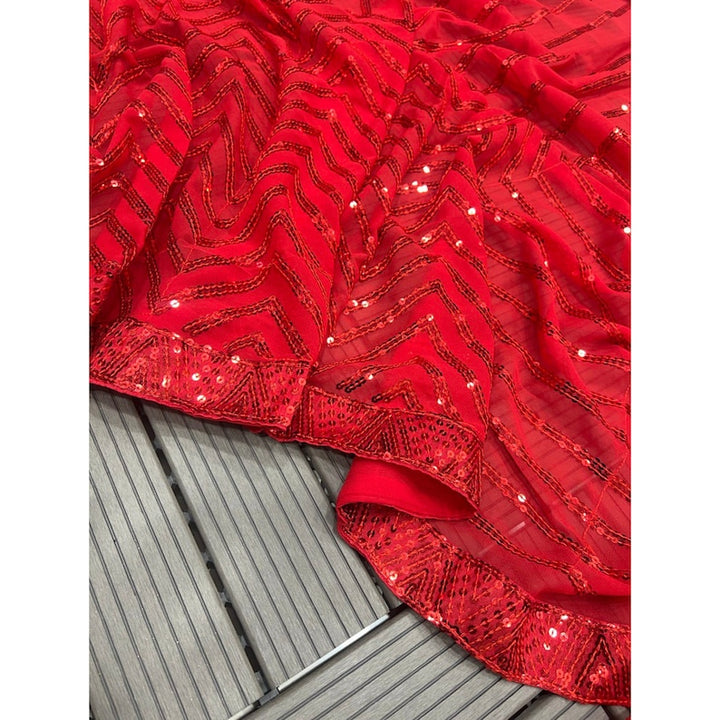 Red Georgette Sequins Saree For Women, Indian Wedding Wear, Reception Cocktail Party Wear Saree, Ready To Wear Pre Stitched Saree  - INSPIRED