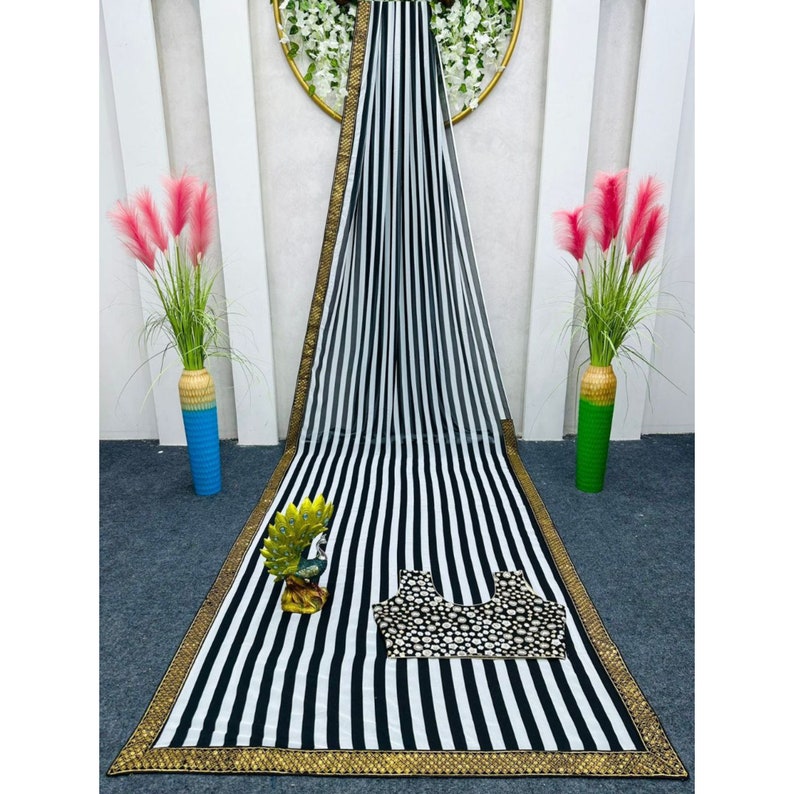 Black And White Striped Saree With Heavy Embroidery Blouse, Indian Sarees For Women, Designer Party Wear Saree  - INSPIRED