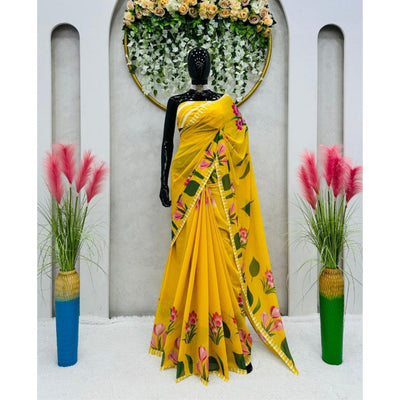 Yellow Floral Printed Saree For Women, Shilpa Shetty Inspired Saree, Georgette Sarees, Indian Wedding Wear, One Minute Saree  - INSPIRED