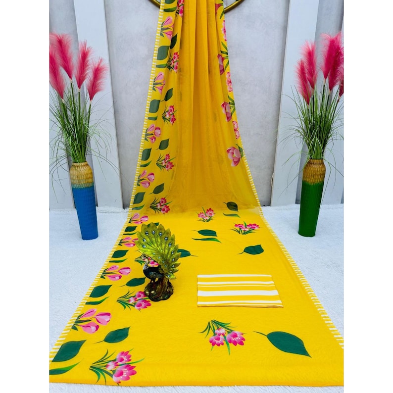 Yellow Floral Printed Saree For Women, Shilpa Shetty Inspired Saree, Georgette Sarees, Indian Wedding Wear, One Minute Saree  - INSPIRED