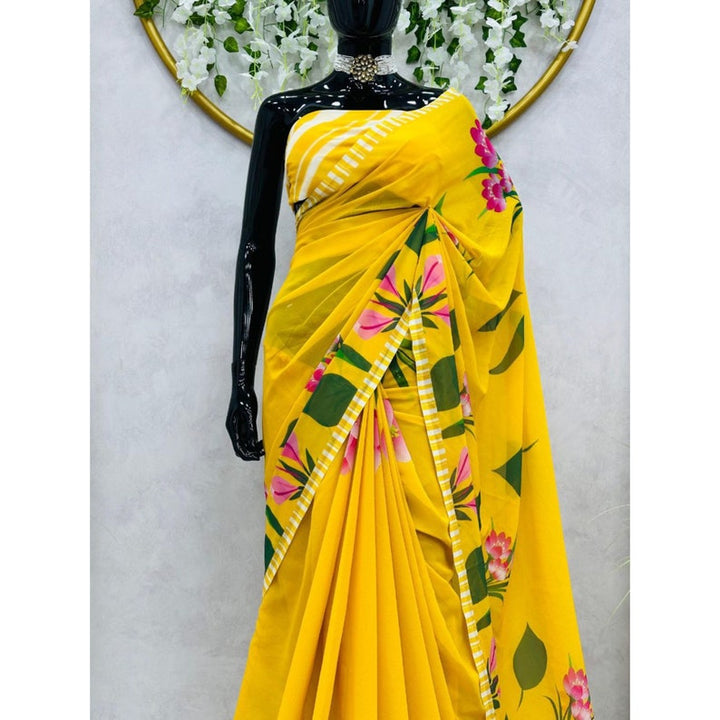 Yellow Floral Printed Saree For Women, Shilpa Shetty Inspired Saree, Georgette Sarees, Indian Wedding Wear, One Minute Saree  - INSPIRED