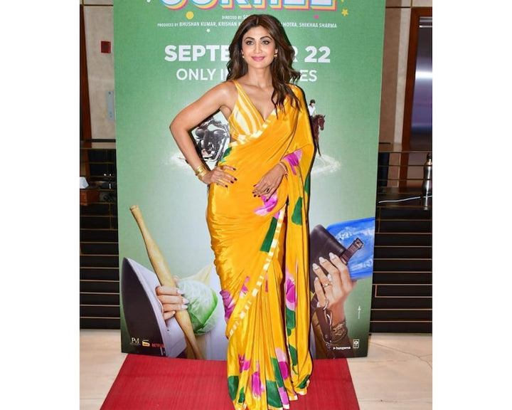 Yellow Floral Printed Saree For Women, Shilpa Shetty Inspired Saree, Georgette Sarees, Indian Wedding Wear, One Minute Saree  - INSPIRED