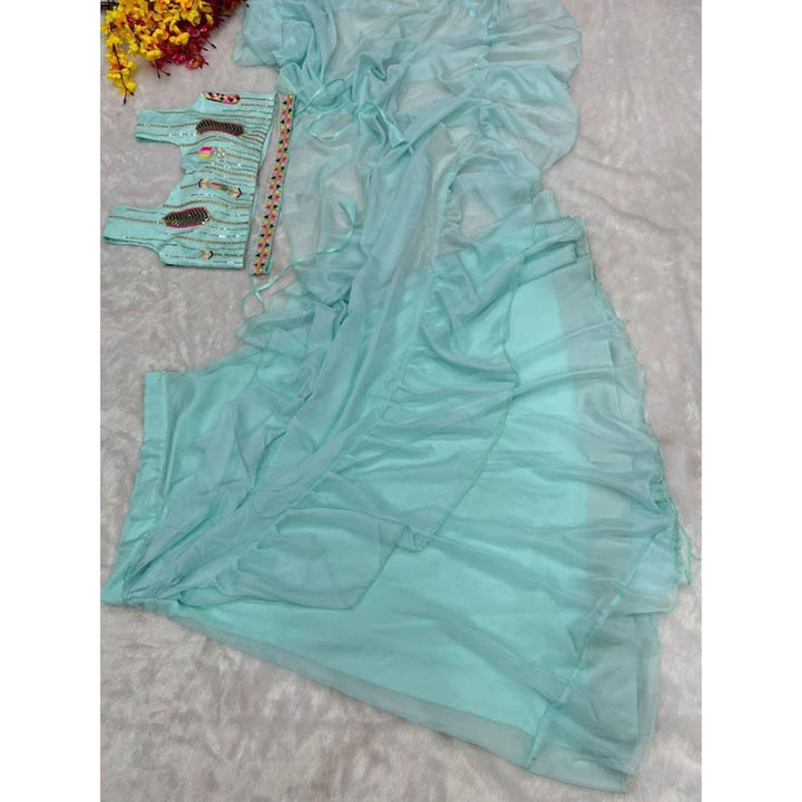 Elegant and stylish light blue saree with skirt style and belt