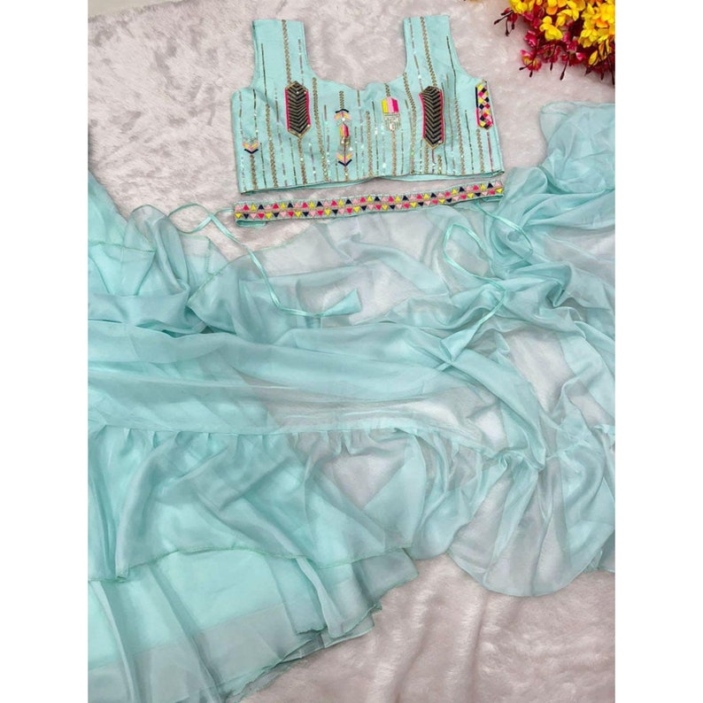 Light Blue Designer Ruffles Saree With Belt For Women, Ready To Wear Skirt Style Saree, Indian Wedding Mehendi Reception Party Wear Saree  - INSPIRED