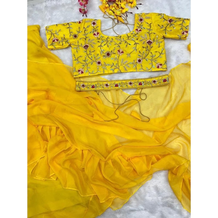 Beautiful yellow ruffles saree with belt, perfect for Indian wedding and party wear