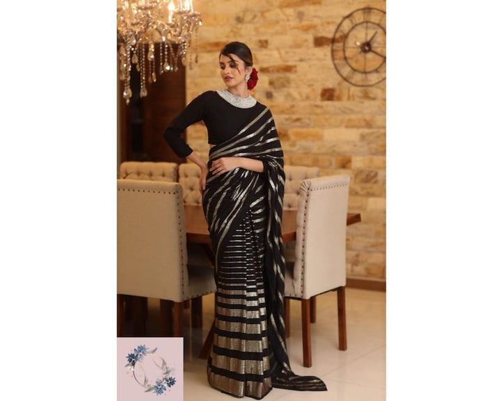 Black Sequins Indian Saree For Women, Indian Wedding Reception Cocktail Party Wear Saree, Ready To Wear Pre Stitched Saree  - INSPIRED