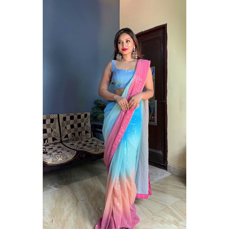 Alia Bhatt Inspired Viral Saree In Sequins Work, Bollywood Saree, Alia Bhatt Ombre Saree, Ready To Wear Saree, Pre Pleated  - INSPIRED