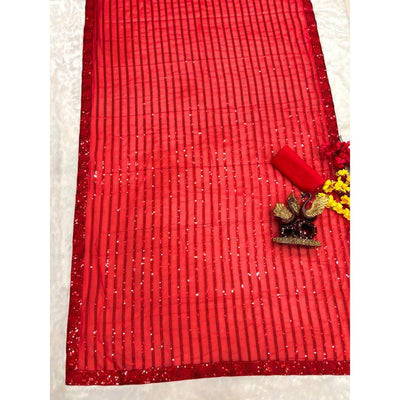 Red Georgette Sequins Saree For Women, Indian Wedding Wear, Reception Cocktail Party Wear Saree, Ready To Wear Pre Stitched Saree  - INSPIRED