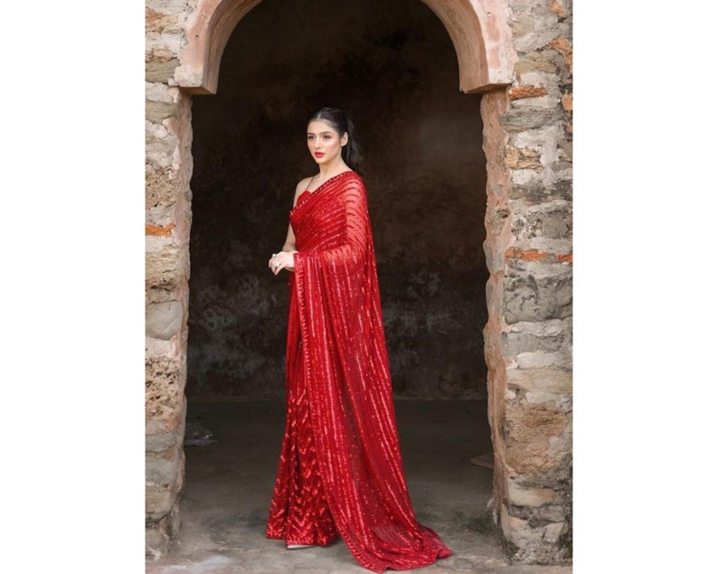 Red Georgette Sequins Saree For Women, Indian Wedding Wear, Reception Cocktail Party Wear Saree, Ready To Wear Pre Stitched Saree  - INSPIRED