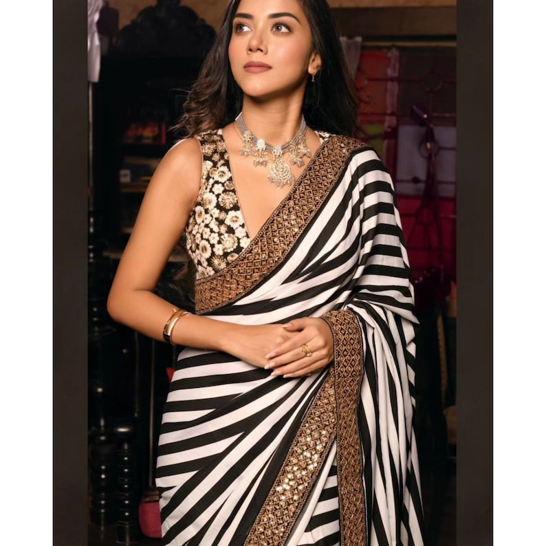Black And White Striped Saree With Heavy Embroidery Blouse, Indian Sarees For Women, Designer Party Wear Saree  - INSPIRED