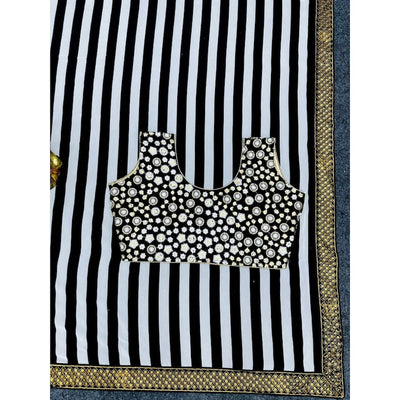Black And White Striped Saree With Heavy Embroidery Blouse, Indian Sarees For Women, Designer Party Wear Saree  - INSPIRED