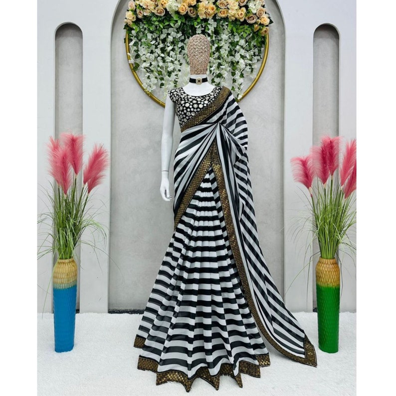 Black And White Striped Saree With Heavy Embroidery Blouse, Indian Sarees For Women, Designer Party Wear Saree  - INSPIRED