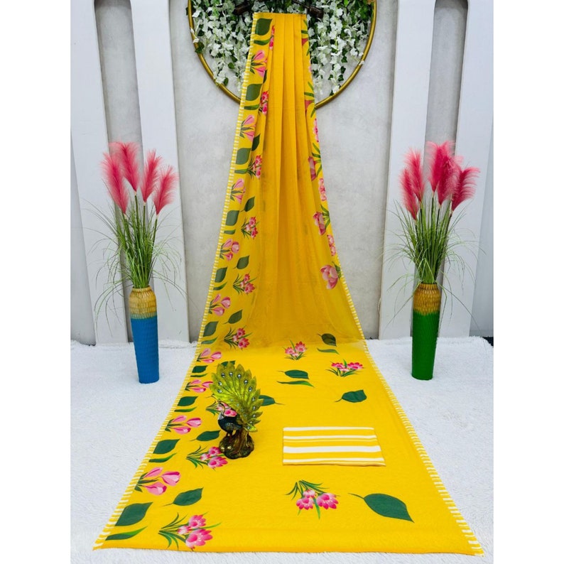 Yellow Floral Printed Saree For Women, Shilpa Shetty Inspired Saree, Georgette Sarees, Indian Wedding Wear, One Minute Saree  - INSPIRED