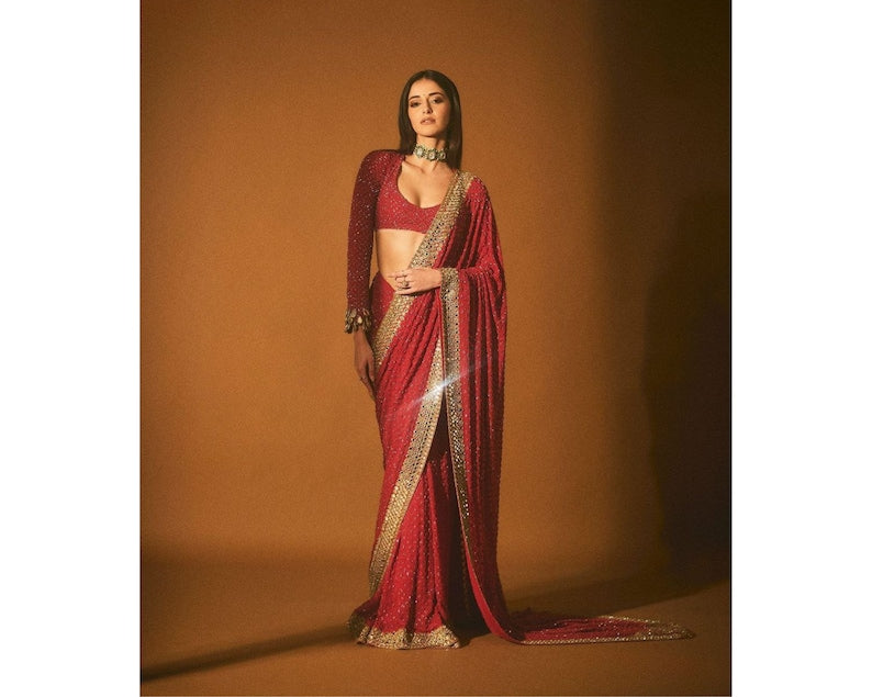 Ananya Pandey Inspired Red Designer Saree For Women at Indian Wedding Party