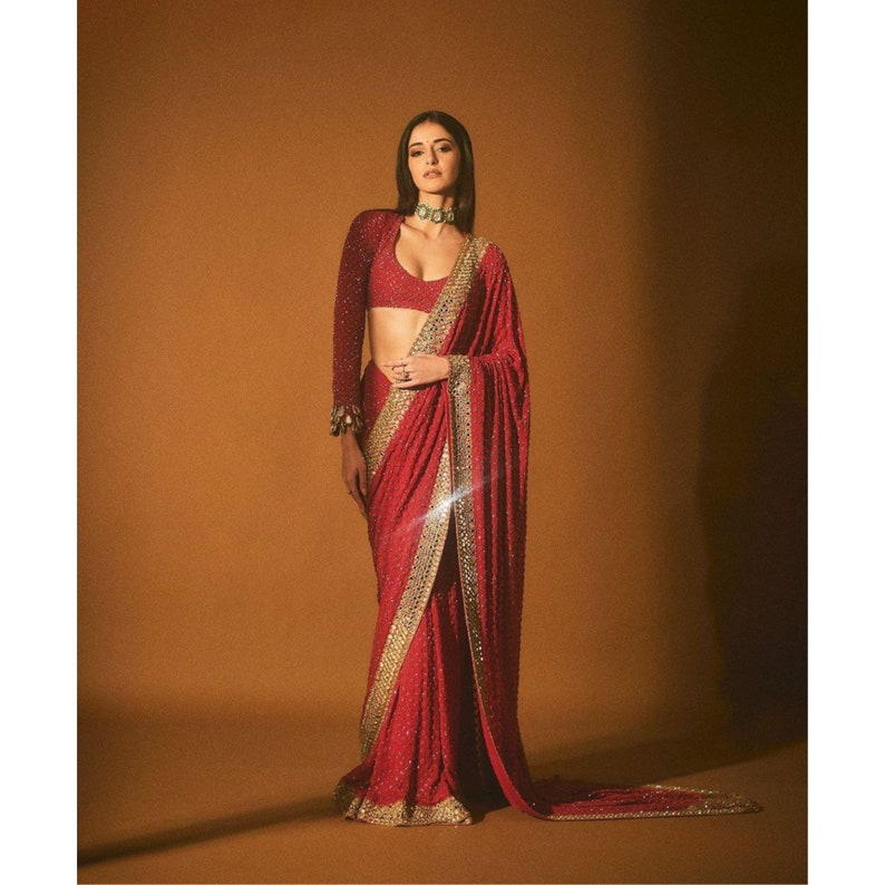 Gorgeous red saree inspired by Ananya Pandey's style for women