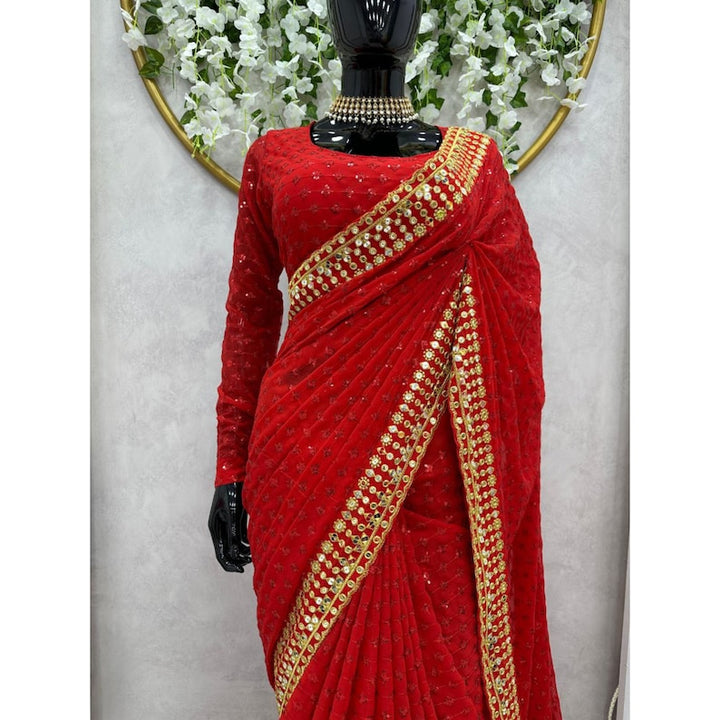 Ananya Pandey Inspired Red Designer Saree For Women, Indian Wedding Party Wear Saree, Karvachauth Saree, Ready To Wear - INSPIRED