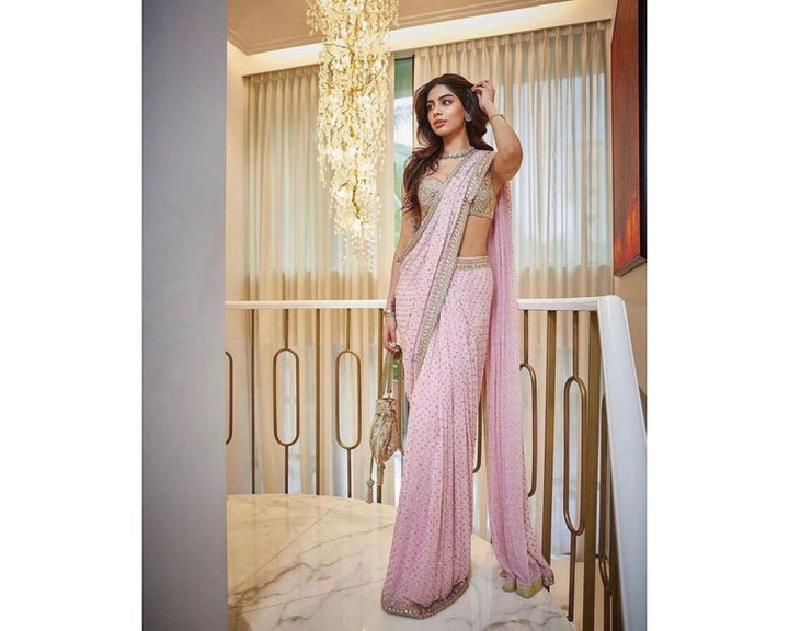 Khushi Kapoor Inspired Pink Designer Saree For Women, Indian Wedding Party Wear Saree, Ready To Wear Pre Stitched Saree  - INSPIRED