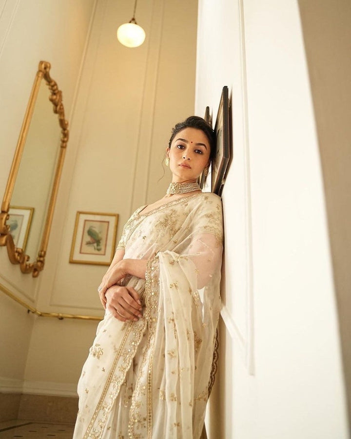 Alia Bhatt Inspired Off White Organza Silk Saree With Embroidery Work, Designer Saree, Bollywood Ready To Wear Saree 