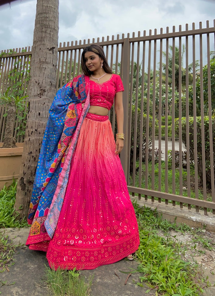 Indian Designer Pink Two tone Lehenga Choli Embellished With sequins & thread work Wedding Lehenga Choli Party Wear Lehenga Choli for girl  - INSPIRED