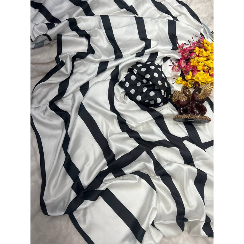 Deepika Padukone Inspired White And Black Stripes Saree For Women, Jawan Movie Saree, Designer Indian Sarees For Women  - INSPIRED