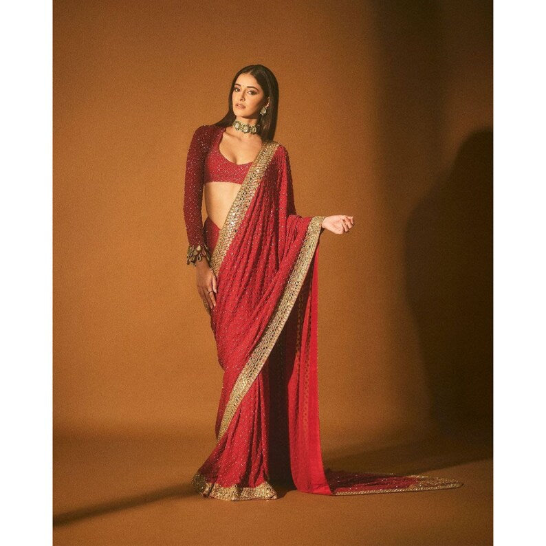 Ananya Pandey Inspired Red Designer Saree For Women, Indian Wedding Party Wear Saree, Karvachauth Saree, Ready To Wear  - INSPIRED